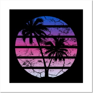 Vintage Style Distressed Twilight Synthwave Sunset SIlhouette Posters and Art